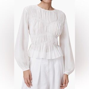 All Saints Melani White Smocked Gathered Peplum Blouse Size 4 NWOT